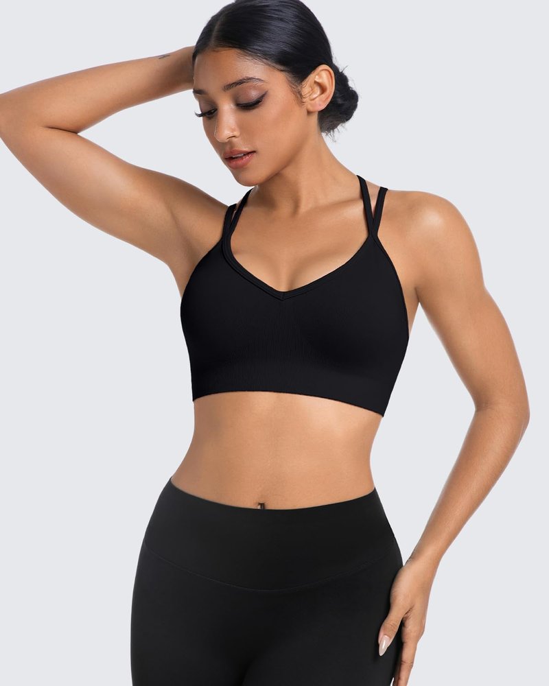 UOOMON Sports Bras for Women V-Neck Strappy Sports Bra Padded Criss Cross Back Medium Support Workout Yoga Bra for Gym Athletic Fitness 3 Pack