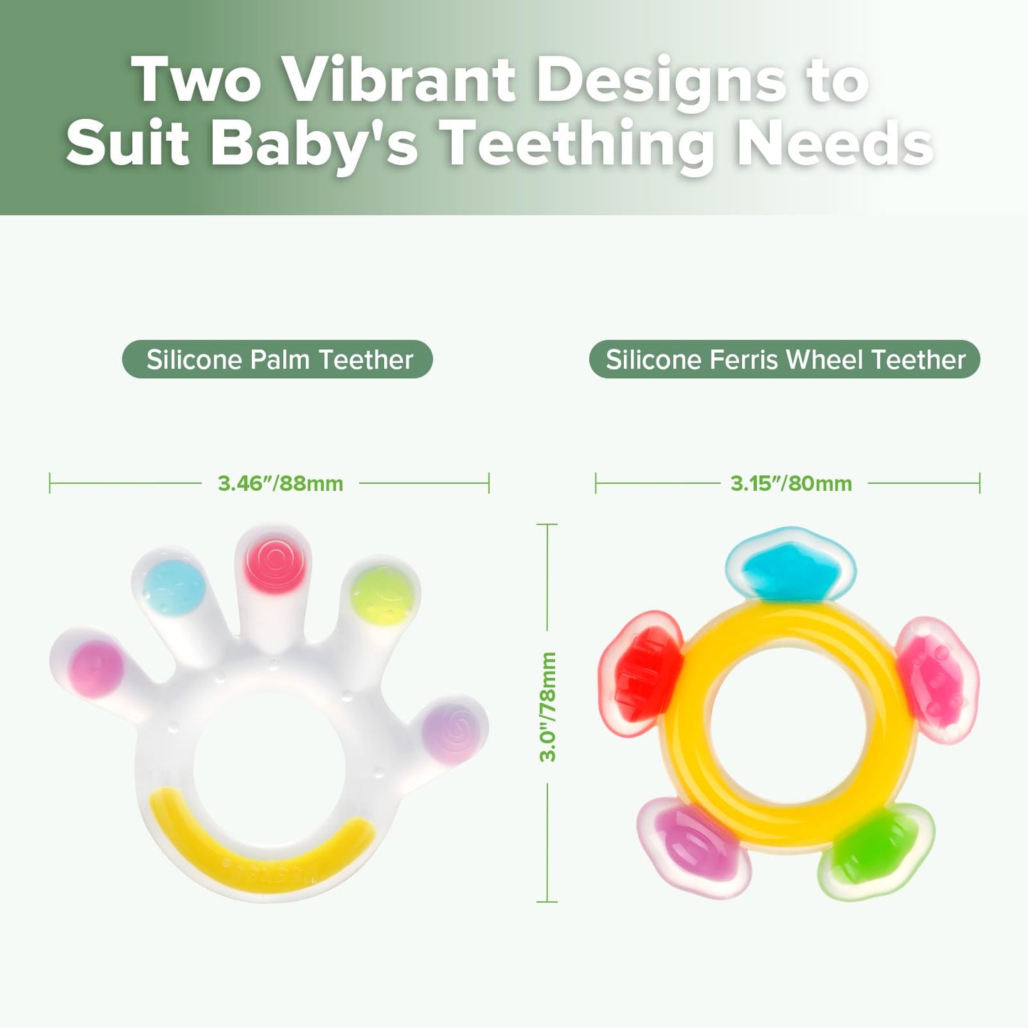 Haakaa Silicone Teether Combo - Baby Freezer Teething Toy - Soft Cold Teether - Soothe Teething Pain & Itching Gums - Perfect Size - Palm & Ferris Wheel Shape for 3M+ Babies BPA Free - 2 pk