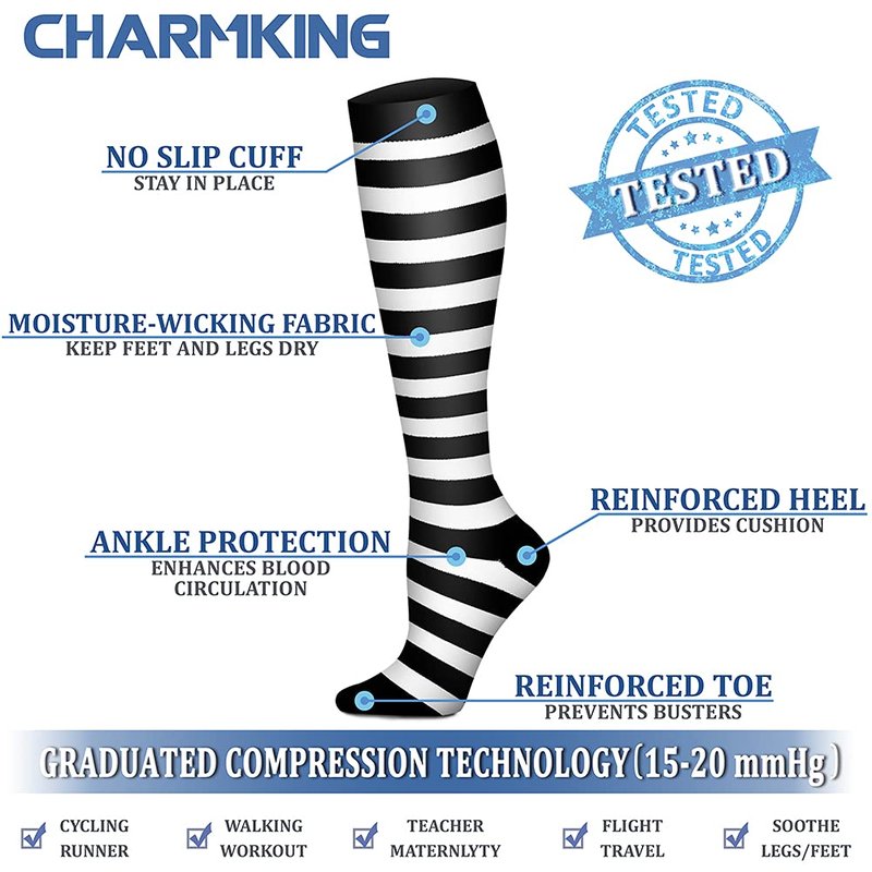 CHARMKING Compression Socks for Women & Men (8 Pairs) 15-20 mmHg Graduated Copper Support Calf Socks are Best for Pregnant, Nurses - Boost Performance, Circulation, Knee High Wide Calf(L/XL,Multi 10)