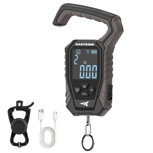 KastKing Weighmaster Mechanical-Digital Fishing Scale with Lip Gripper, 120 lb Capacity, 2.5" Backlit Display, High-Precision Sensor, 9 Weight Memory, Temperature Detection, IPX6 Waterproof
