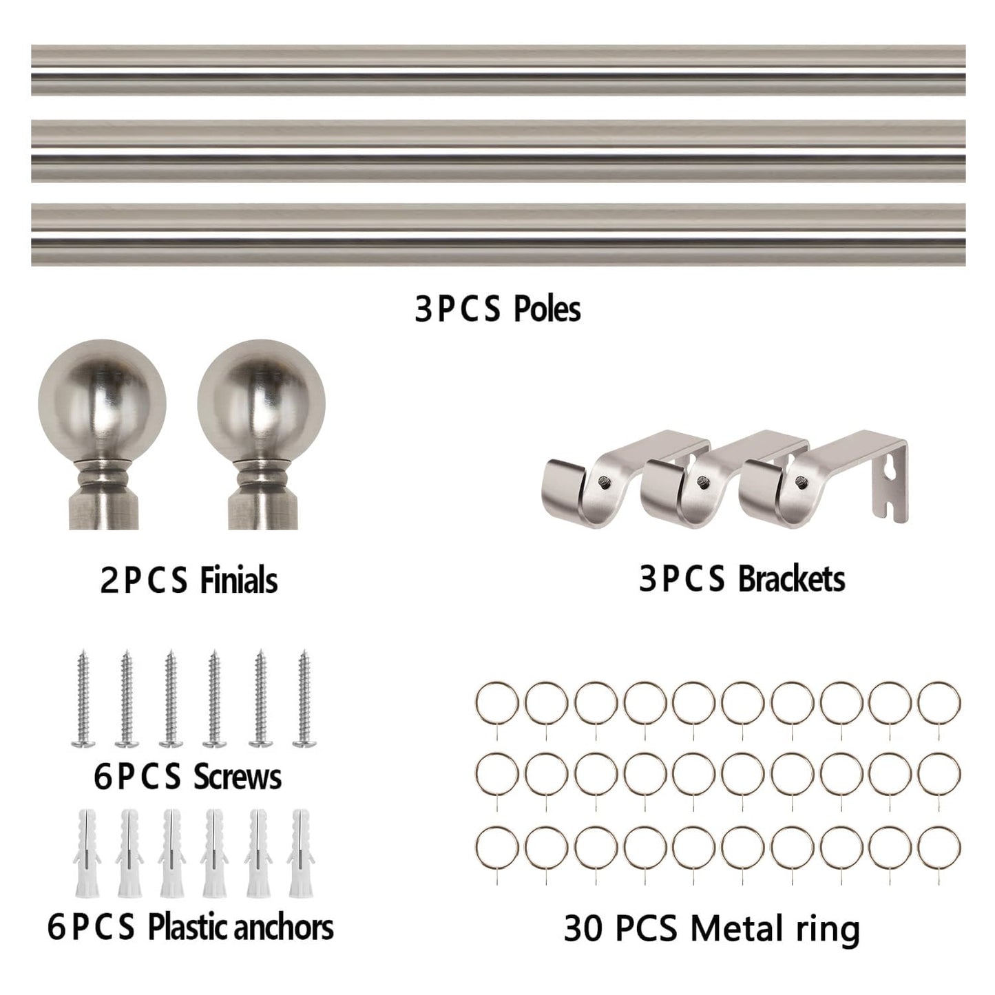 Aspire Homeware Curtain Poles Metal Plain Ball Extendable Curtain Pole 160 cm to 300 cm Brushed Silver Adjustable Curtain Rod 28 mm Diameter with 60 mm Finials, Rings, Brackets, and Fittings Set
