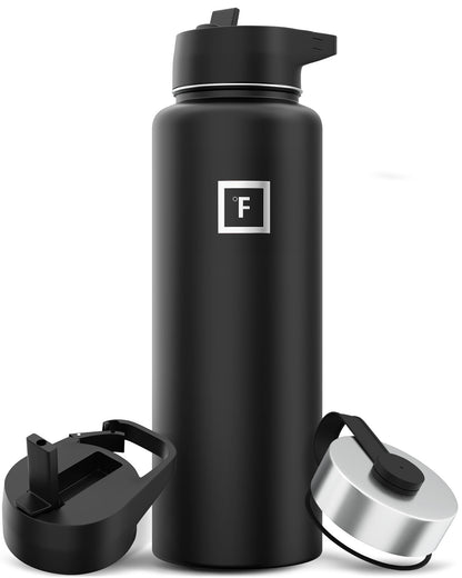 IRON °FLASK Camping & Hiking Hydration Flask with 3 Lids - Stainless Steel, Double Walled & Vacuum Insulated Water Bottle - Leak Proof & BPA Free (Midnight Black, Straw - 40 oz)
