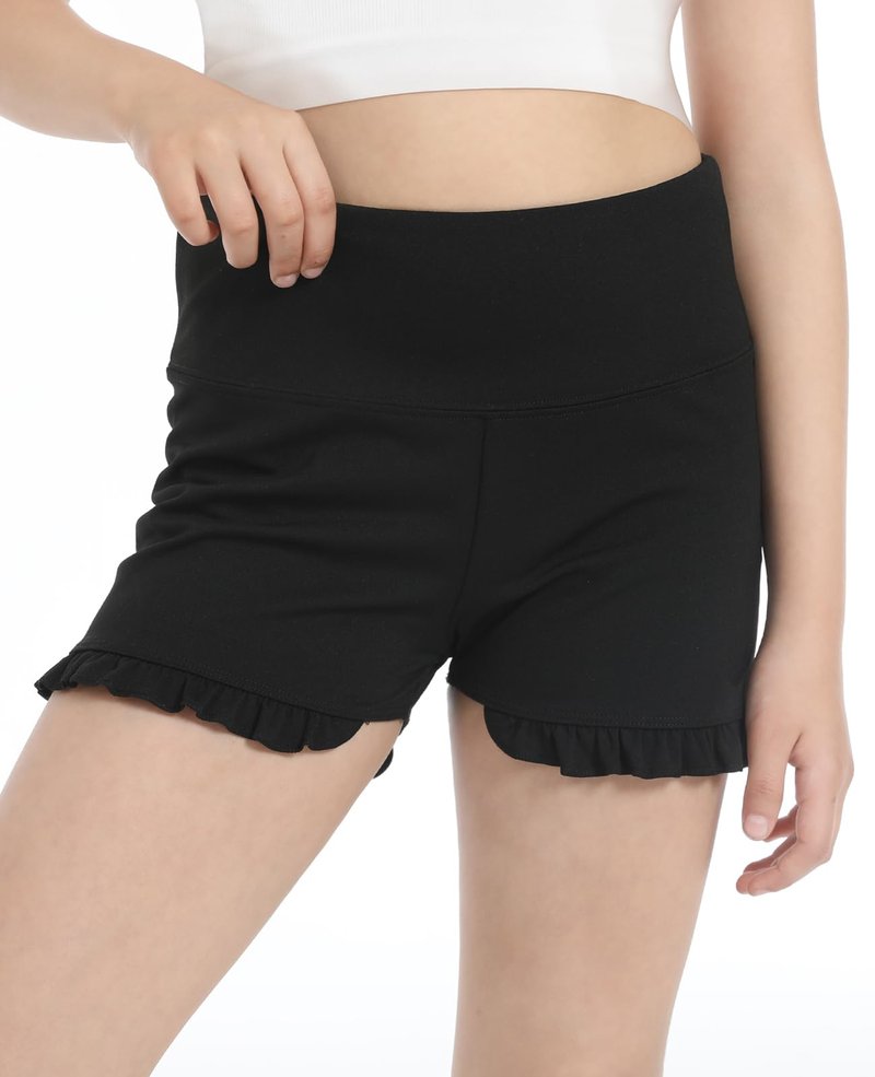 BAOPLAYKIDS Girls Athletic Ruffle Shorts High Waisted Yoga Dance Shorts Comfy Gymnastics Shorts Black 5-14Y