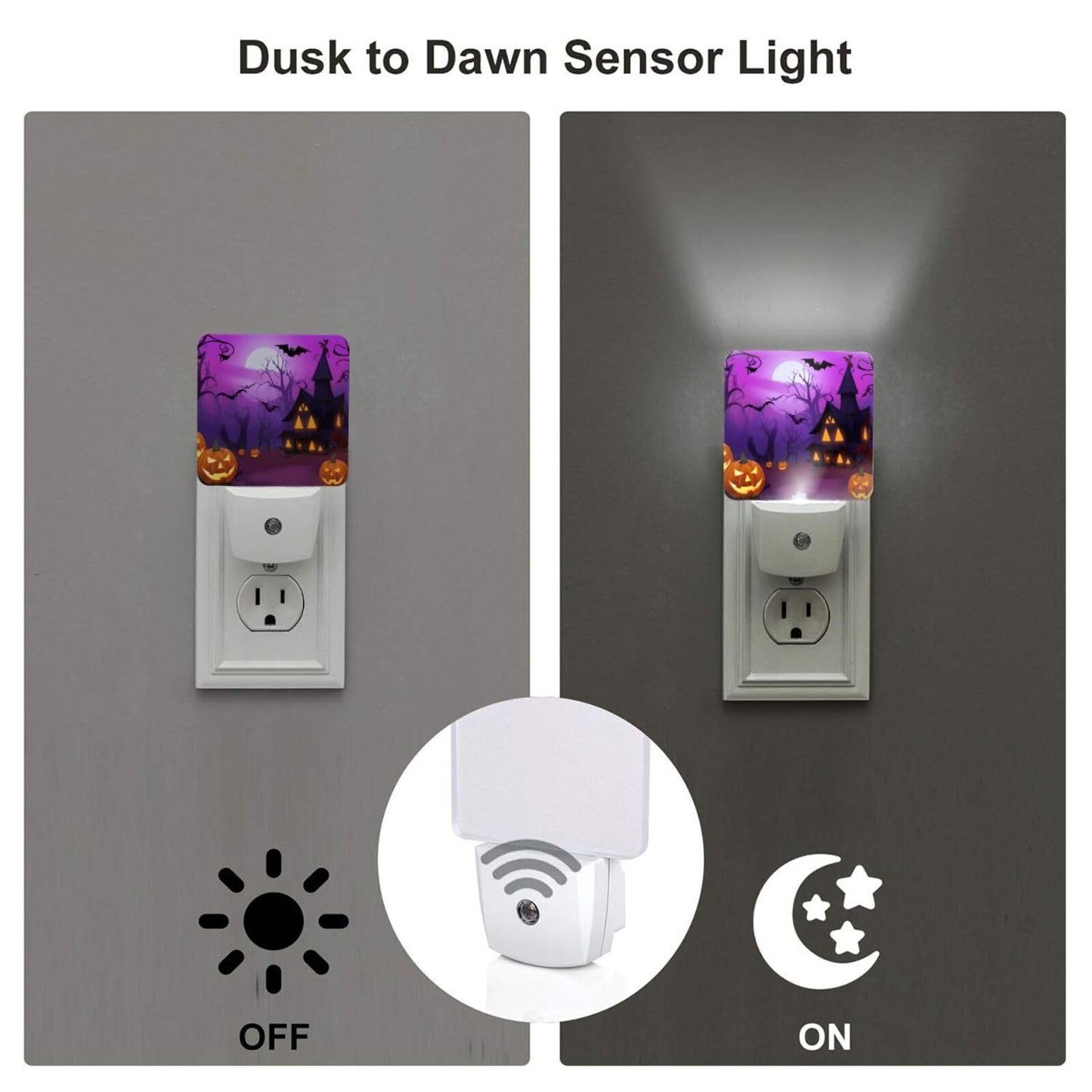 Dewoofly Halloween Pumpkin Night Light Set of 2, Lanterns and Ghost Owl Bat Auto Sensor LED Dusk-to-Dawn Nightlights, Plug-in Sensor Lamp for Bedroom Bathroom Kitchen Hallway Stairs Decorative