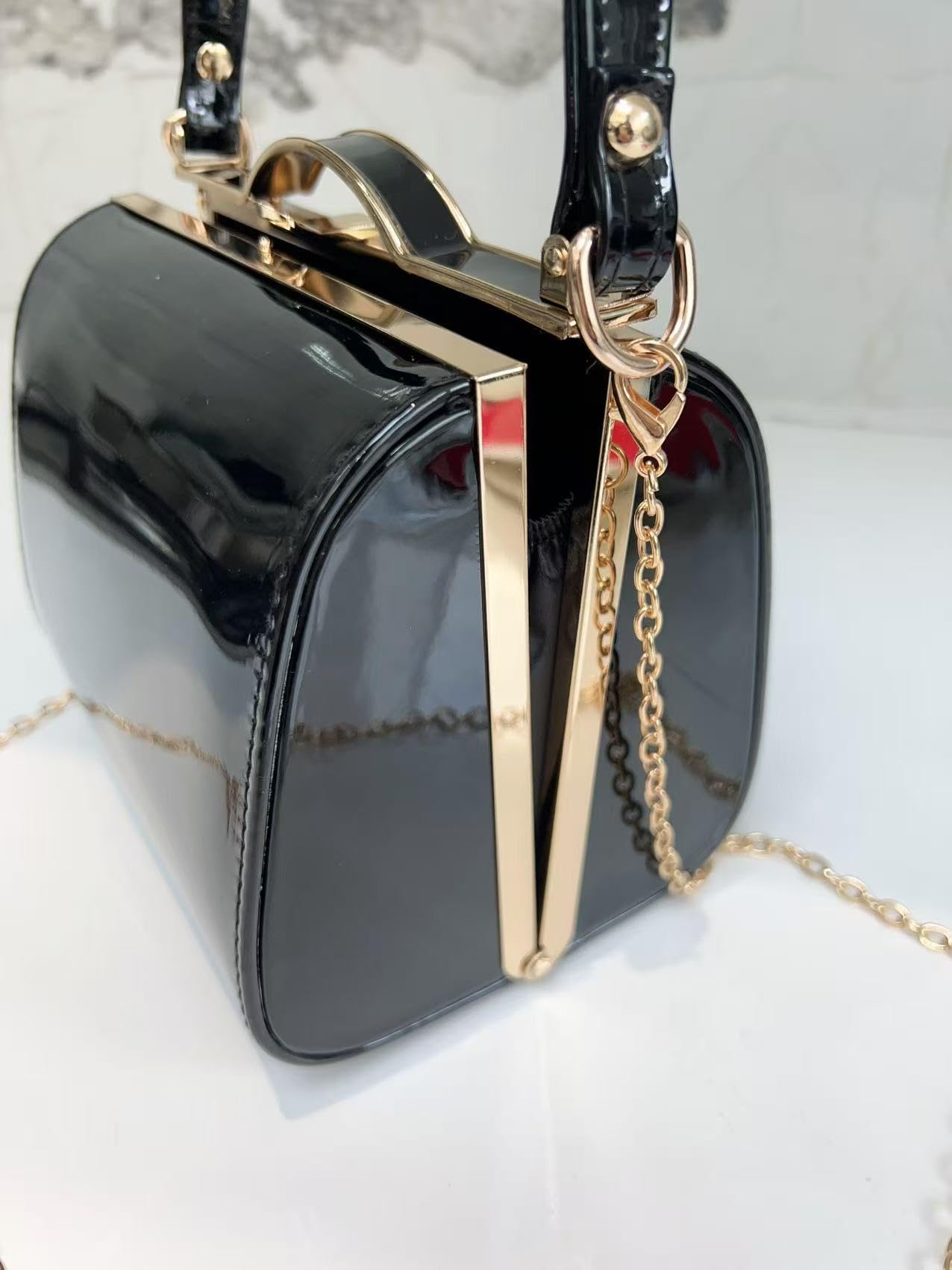 LeahWard Ladies Women's Chic Patent Top Handle Clutch Handbag Wedding Evening Bags (Black)