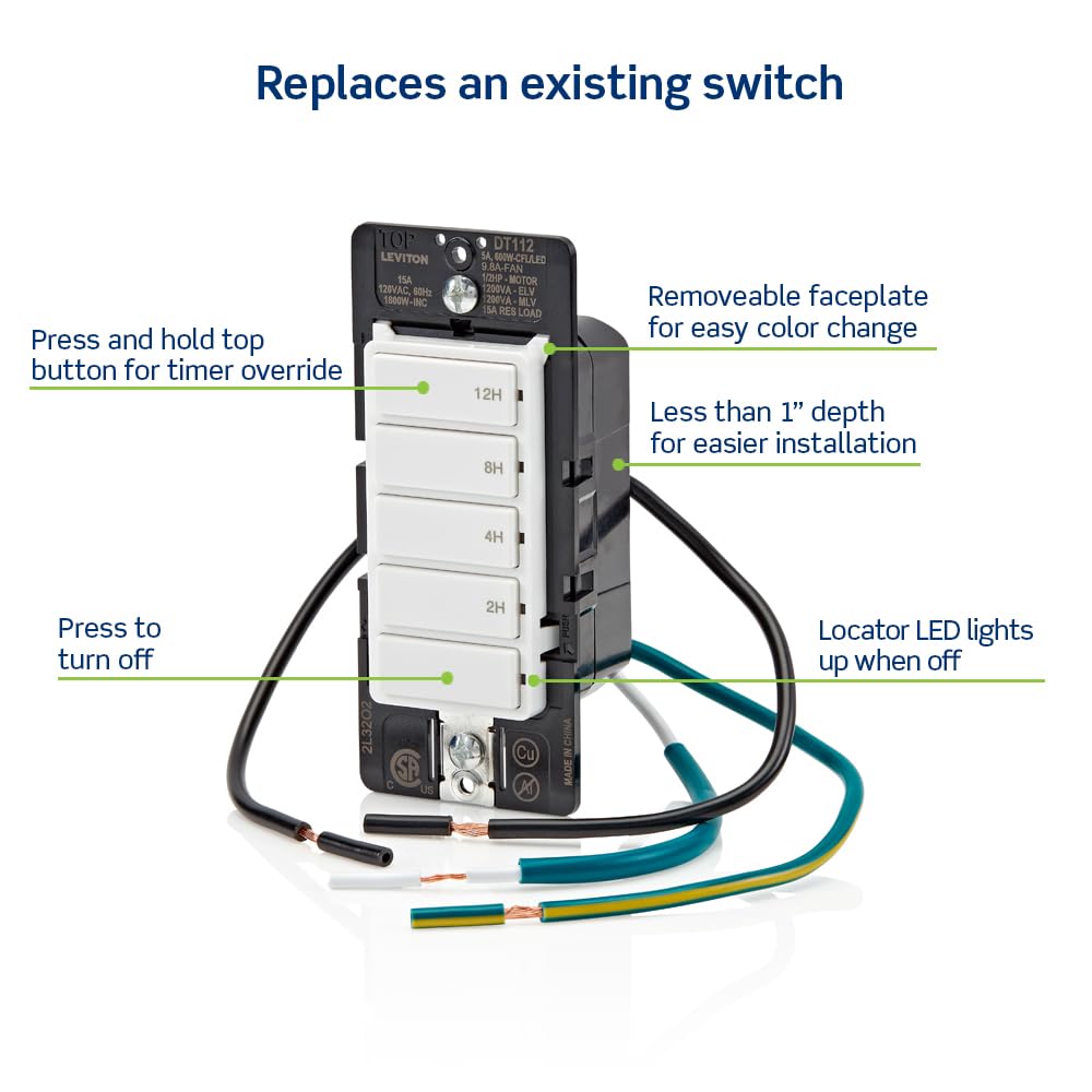 Leviton Countdown Timer Switch for bathroom fan and household lights, 5-10-15-30 min, No Neutral Required, Single Pole, 15A, 1/2 HP/9.8A Fan/Motor, DT130-1LW, White