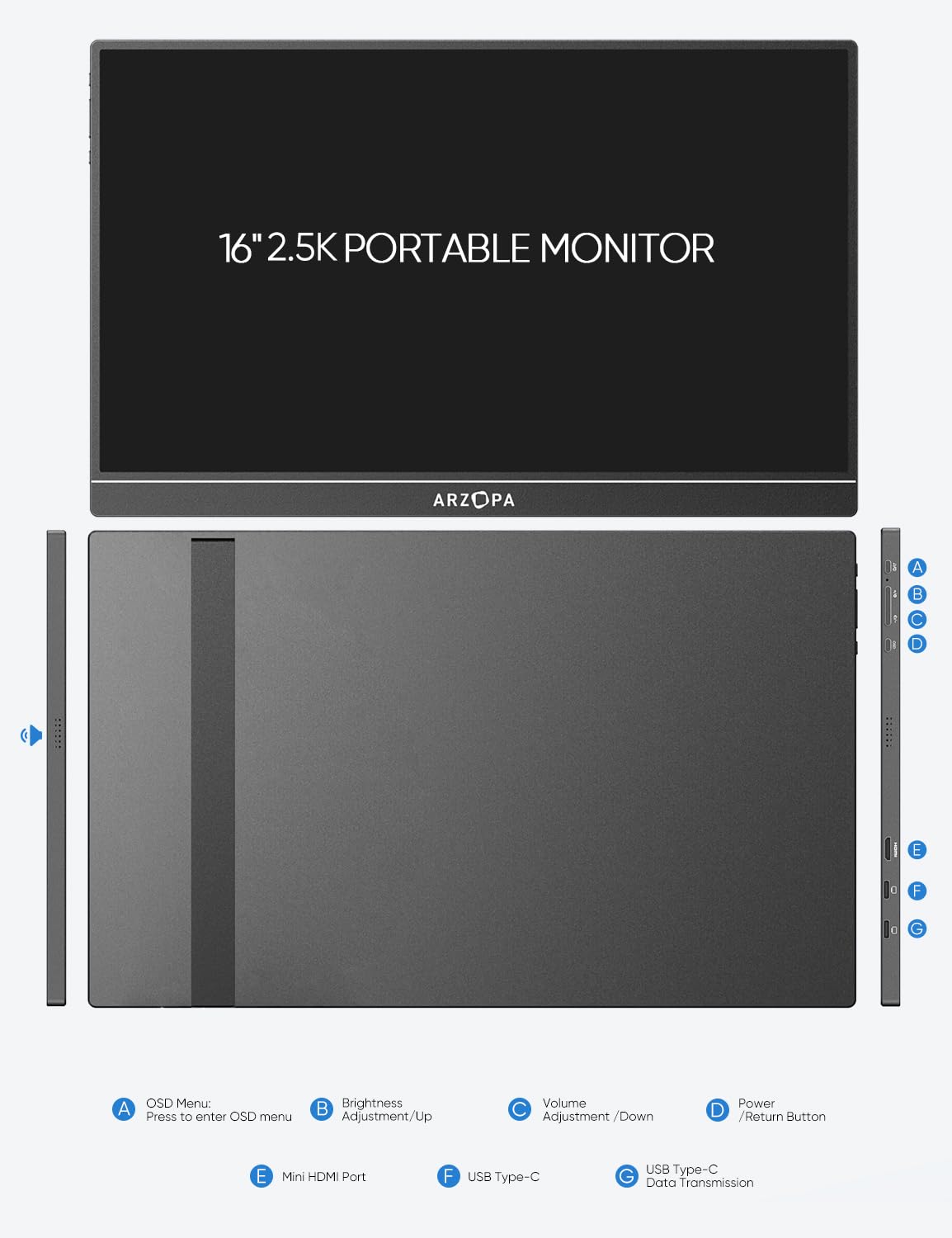 ARZOPA 2.5K Portable Monitor, 16 Inch 2560x1600 HDR 500nits 8bit QHD USB-C HDMI Laptop Monitor, 16:10 IPS Eye Care External Second Screen for Mac PC Phone PS4/5 Xbox (Z1RC)