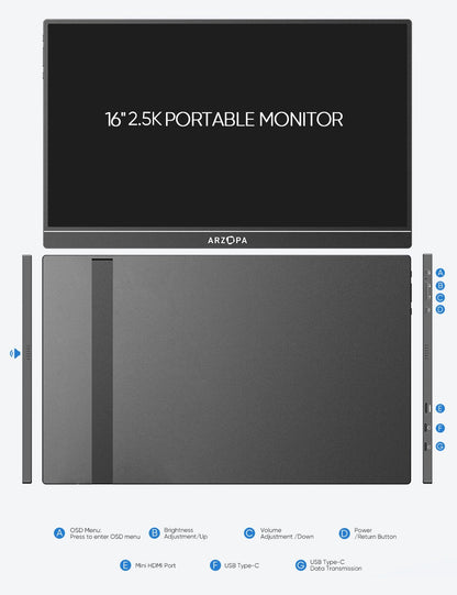 ARZOPA 2.5K Portable Monitor, 16 Inch 2560x1600 HDR 500nits 8bit QHD USB-C HDMI Laptop Monitor, 16:10 IPS Eye Care External Second Screen for Mac PC Phone PS4/5 Xbox (Z1RC)