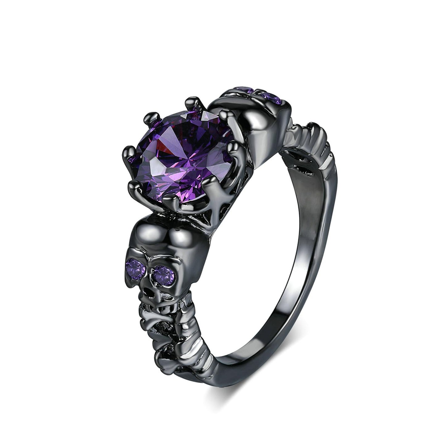 QOBEBOTA Gothic Jewelry Skull Black Rings for Women Halloween Skeleton Witchy Ring Goth Accessories Purple Cubic Zirconia Cool Grunge Ghost Band Statement Size 8 Rings for Women
