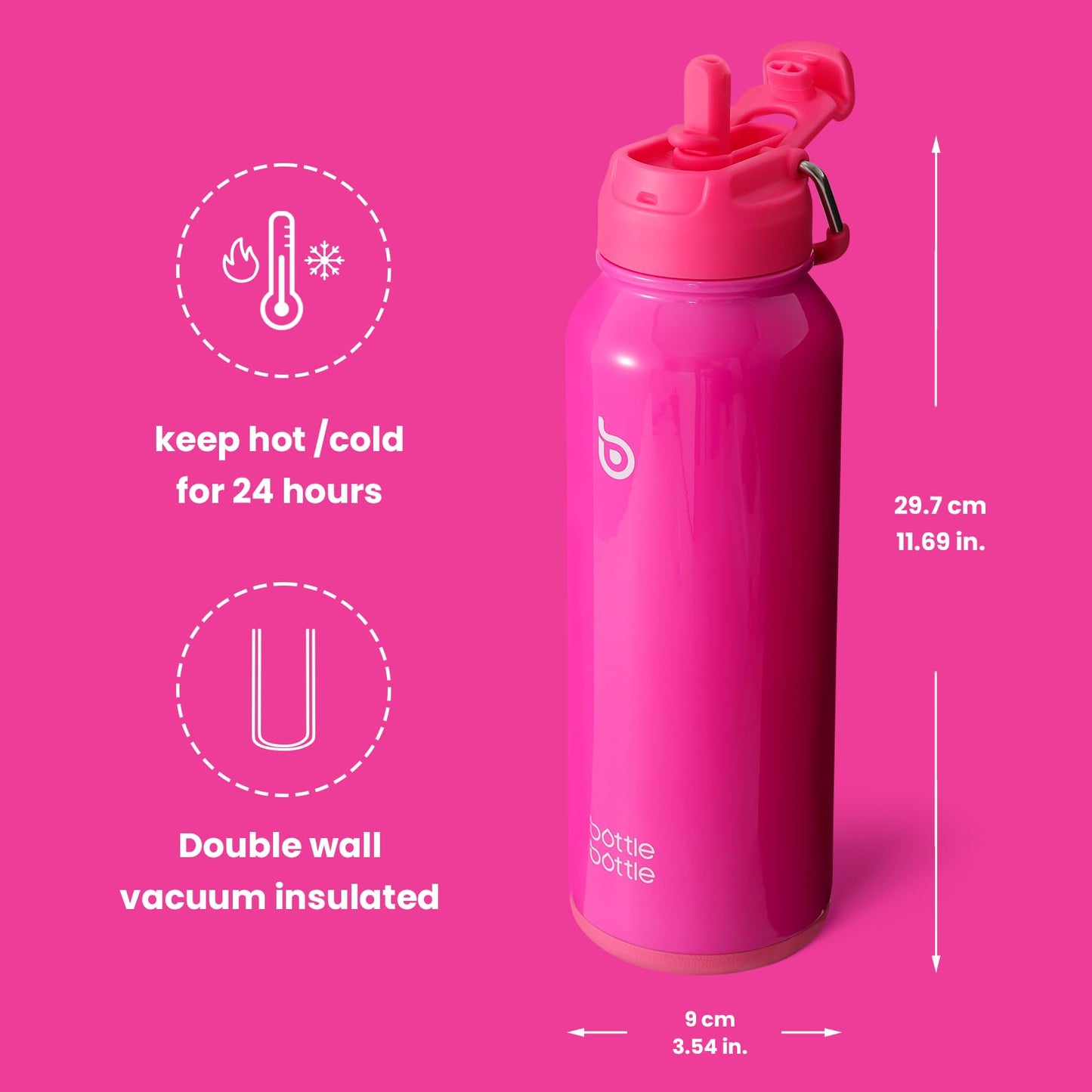 BOTTLE BOTTLE 40 oz sports water bottle stainless steel insulated water bottle with straw and pills holder (hot pink)