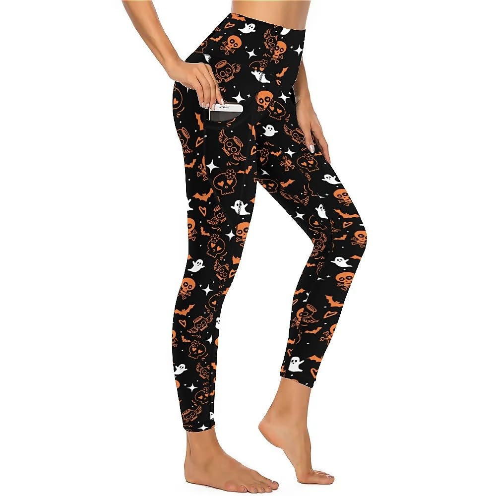 Cerburny Skull Skeleton Ghost Womens Leggings Christmas Bat Workout Yoga Pants with Pockets Gym Athletic High Waisted Walk Run Pants