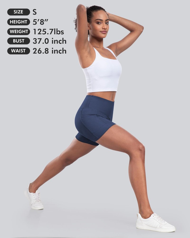 CHRLEISURE Womens Biker Yoga Shorts with Pockets: High Waisted Tummy Control Spandex Workout Athletic Gym Shorts 4 Packs(5'' Black,Black,Gray,Navy, L)