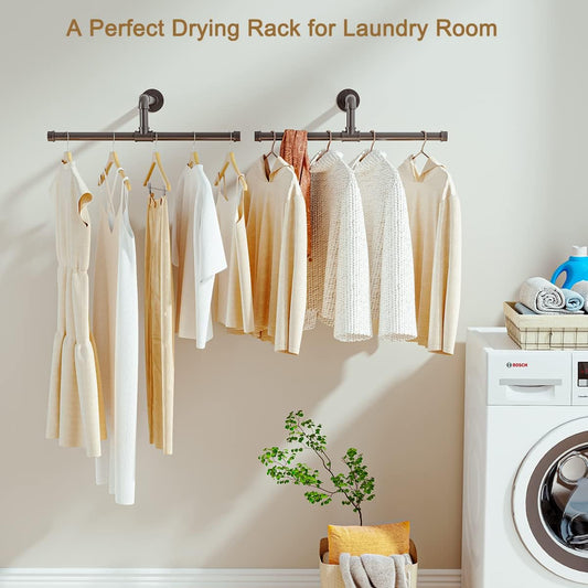 FANHAO Industrial Pipe Clothes Rail, Heavy Duty Rustic Detachable Wall Mounted Clothes Rack Black Iron Garment Bar, Multi-purpose Hanging Rod for Closet Storage, 2 Pack