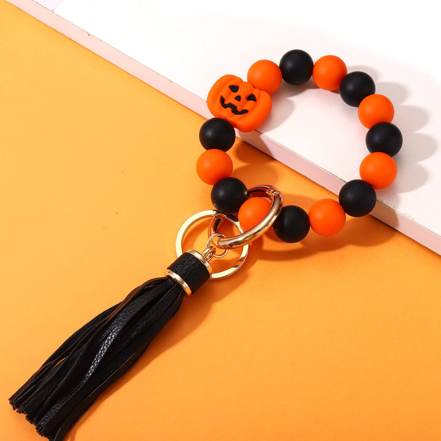 Halloween Silicone Bracelet Keychain Wristlet Bangle Keyring Portable House Car Keys Ring Holder W/Tassel (Halloween Pumpkin)