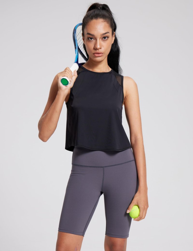 Crop Workout Tops for Women Tank Athletic Running Shirts Mesh Yoga Tops Gym Sleeveless Clothes Black M