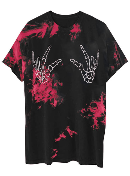 Avanova Women Tie Dye Skull Graphic Oversized Tees Vintage Skeleton Hands Loose Fit T Shirt Black Red X-Large