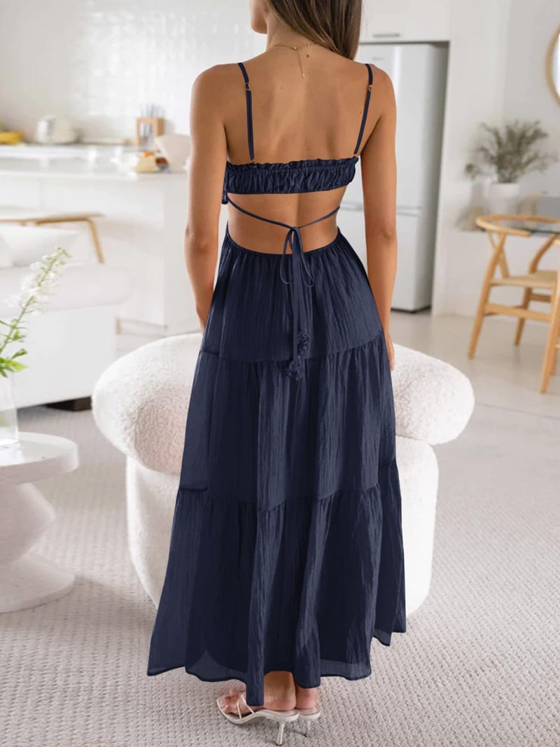 Fisoew Women's Spaghetti Strap Maxi Dress Summer Sleeveless Side Cut Out Dress Casual Boho Backless Flowy Long Dresses Navy Blue