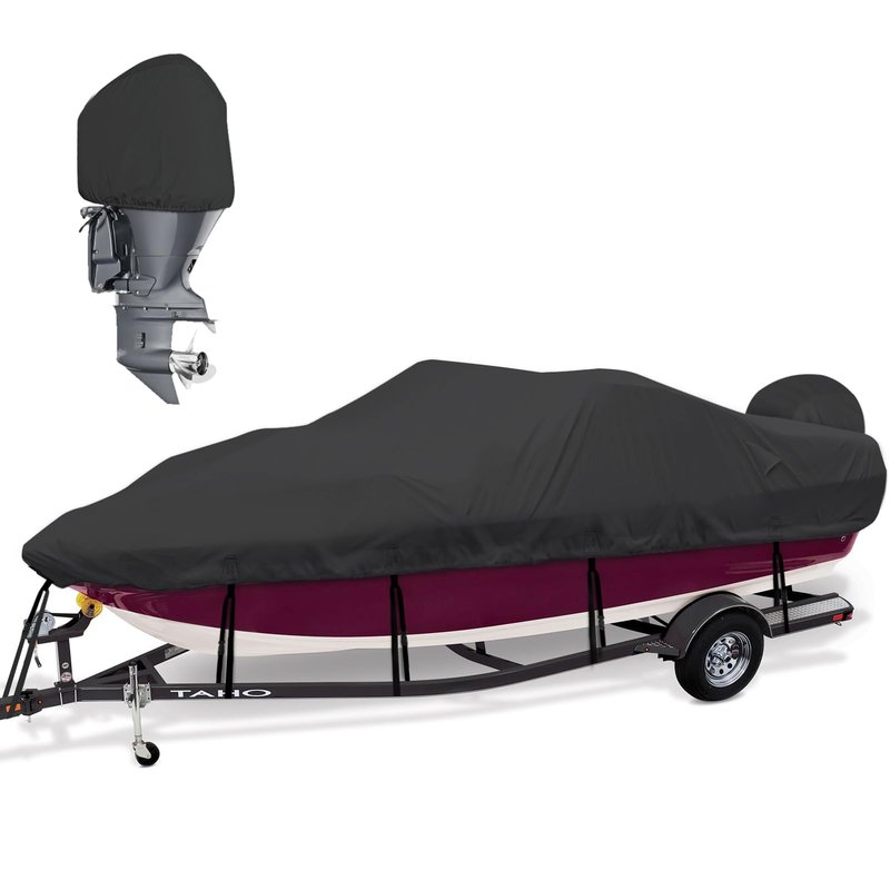 Mionovity Bass Boat Cover 16-18.5ft, 600D Heavy Duty Waterproof Boat Cover 16 17 18.5 Foot (16'-18.5' with Motor Cover), Fits V-Hull, Fishing, Runabout Bowrider Boat