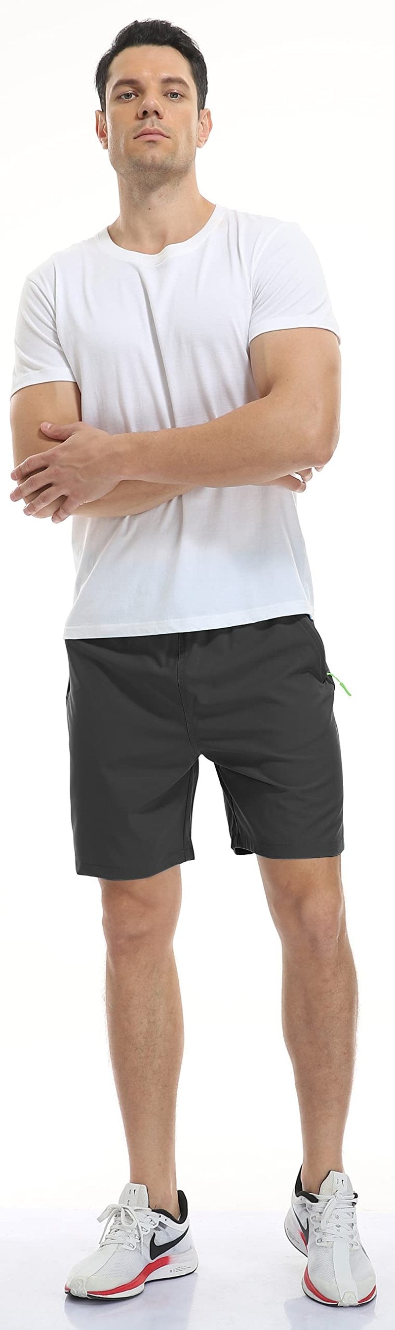 Men's Athletic Shorts Quick Dry Lightweight Gym Running Casual 7 Inch Inseam Shorts with Zipper Pockets Black Large