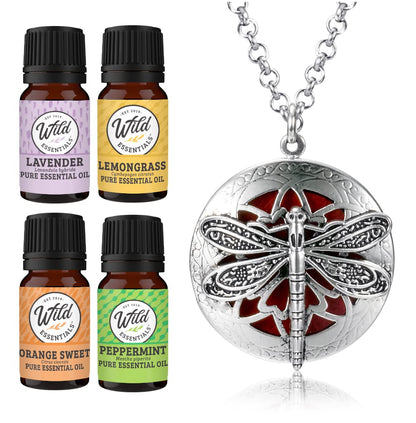 Wild Essentials Dragonfly Necklace Essential Oil Diffuser Kit with Lavender, Lemongrass, Peppermint, Orange Oils, 12 Refill Pads, Calming Aromatherapy Gift Set, Customizable Color Changing, Perfume