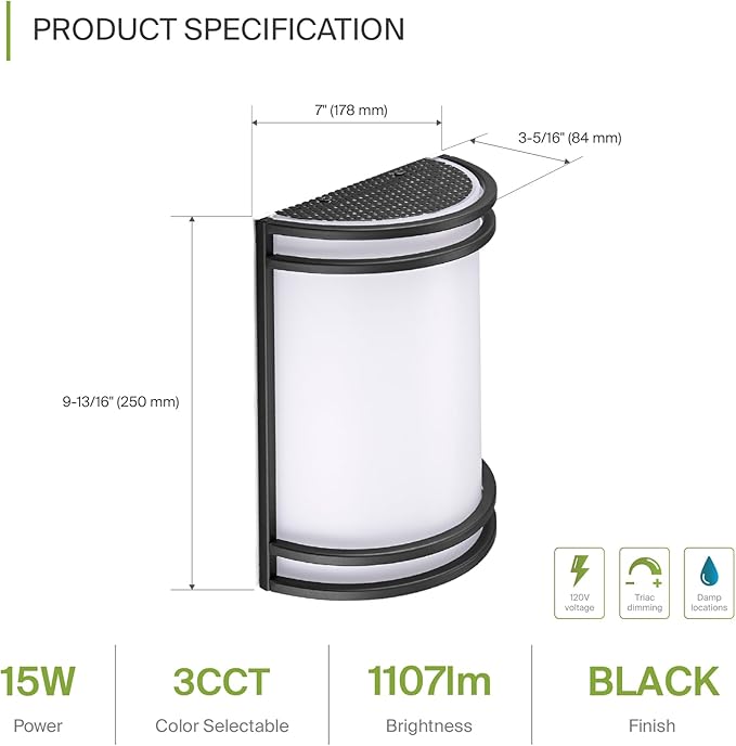 ASD LED Indoor Wall Mount Light Fixture - 10 Inch Modern Interior Matte Black Wall Sconce Lighting - 3000K 4000K 5000K Adjustable - Half Cylinder Hallway Light Fixture - ETL & Energy Star