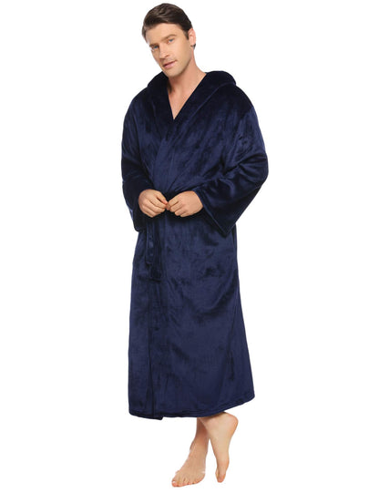 Vlazom Men Dressing Gown, Flannel Soft Bathrobe Cosy Warm Robes Fluffy Hooded Housecoat forWinter Loungewear, A-navy, XXL