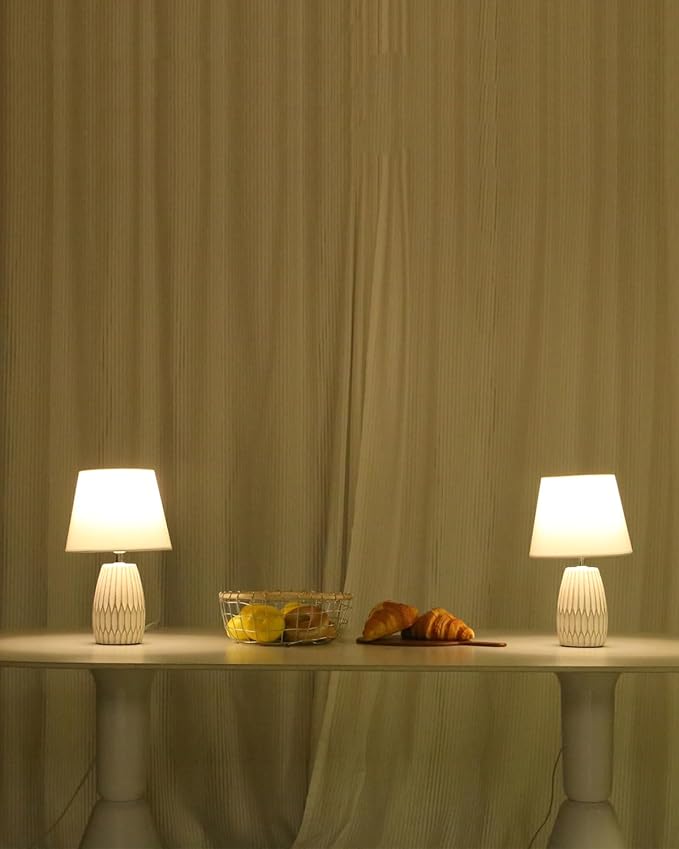 Small Table Lamp Set of 2, Boho White Lamps for Night Stands,Beside Lamp for Living Room,Beed Room,Kid’S Room,Kitchen,Minimalist Ceramic Side Table Lamp(Bulb Not Included)