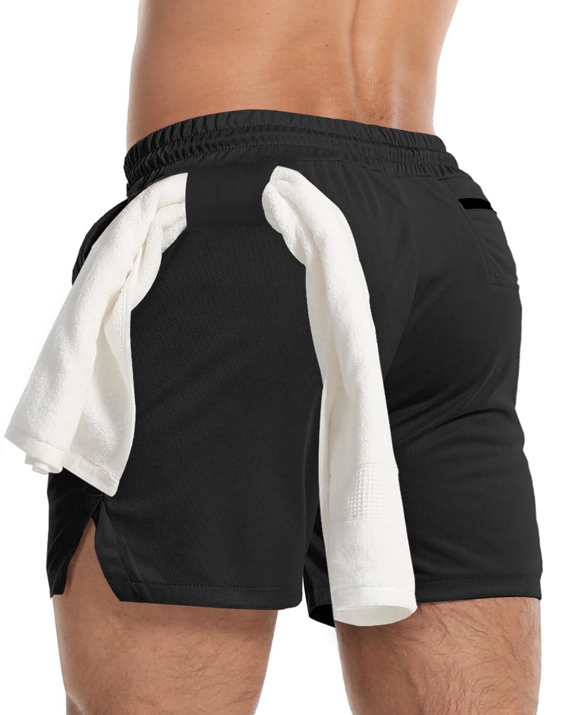 Aolesy Men's 2 Pack Gym Workout Shorts 5 Inch Lightweight Bodybuilding Athletic Shorts Running Training with Zipper Pockets & Towel Loop