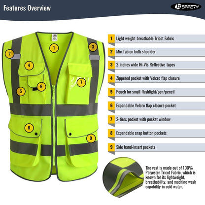JKSafety 9 Pockets Class 2 High Visibility Zipper Front Safety Vest With Reflective Strips,Meets ANSI/ISEA Standard (Small, 150-Yellow)