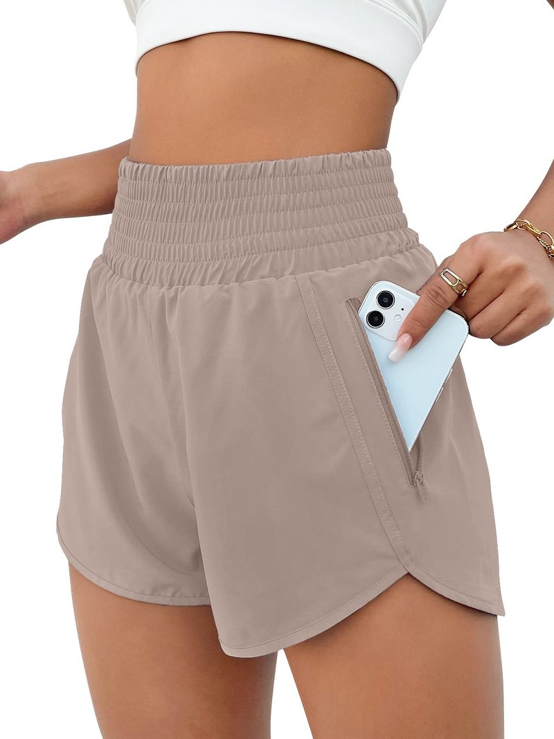 BMJL Women's Athletic Shorts High Waisted Running Short Pocket 2.5" Sporty Shorts Gym Elastic Workout Shorts(M,Khaki)