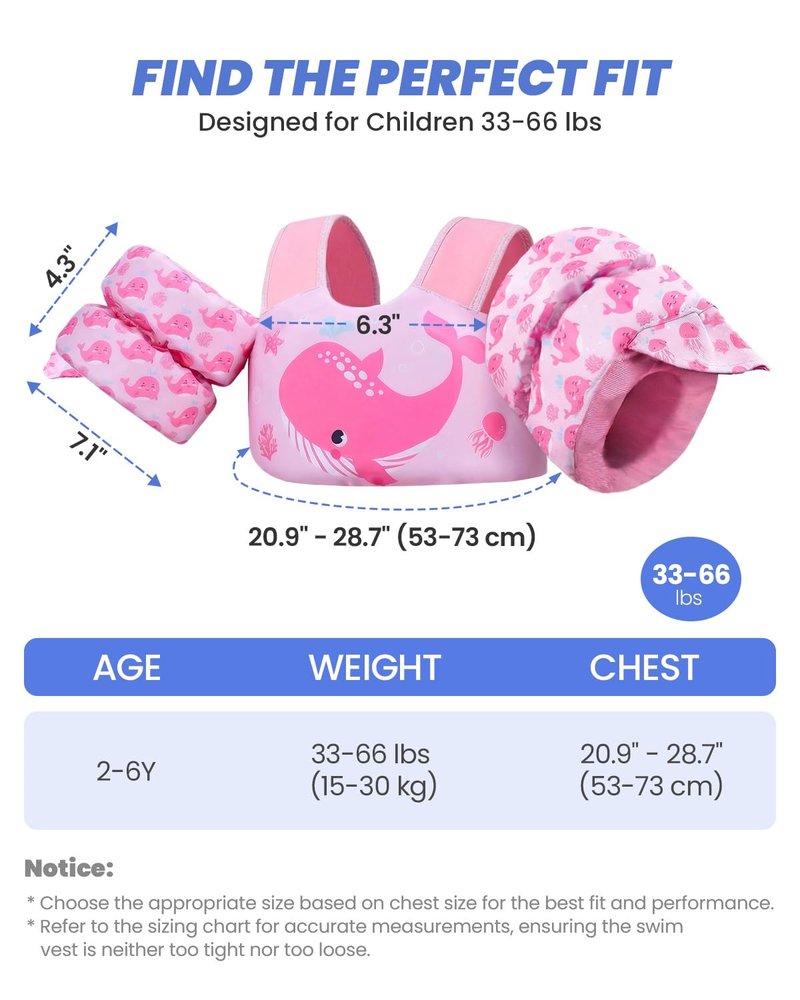 Gogokids 2-in-1 Toddler Swim Vest Pool Floaties for Kids[CPC Certified & Remove Crotch Strap]Puddle Float Jumper 24-66 Pounds, Toddler Arm Floaties Swim Jacket Water Wings for kids Boys Girls Swimmies