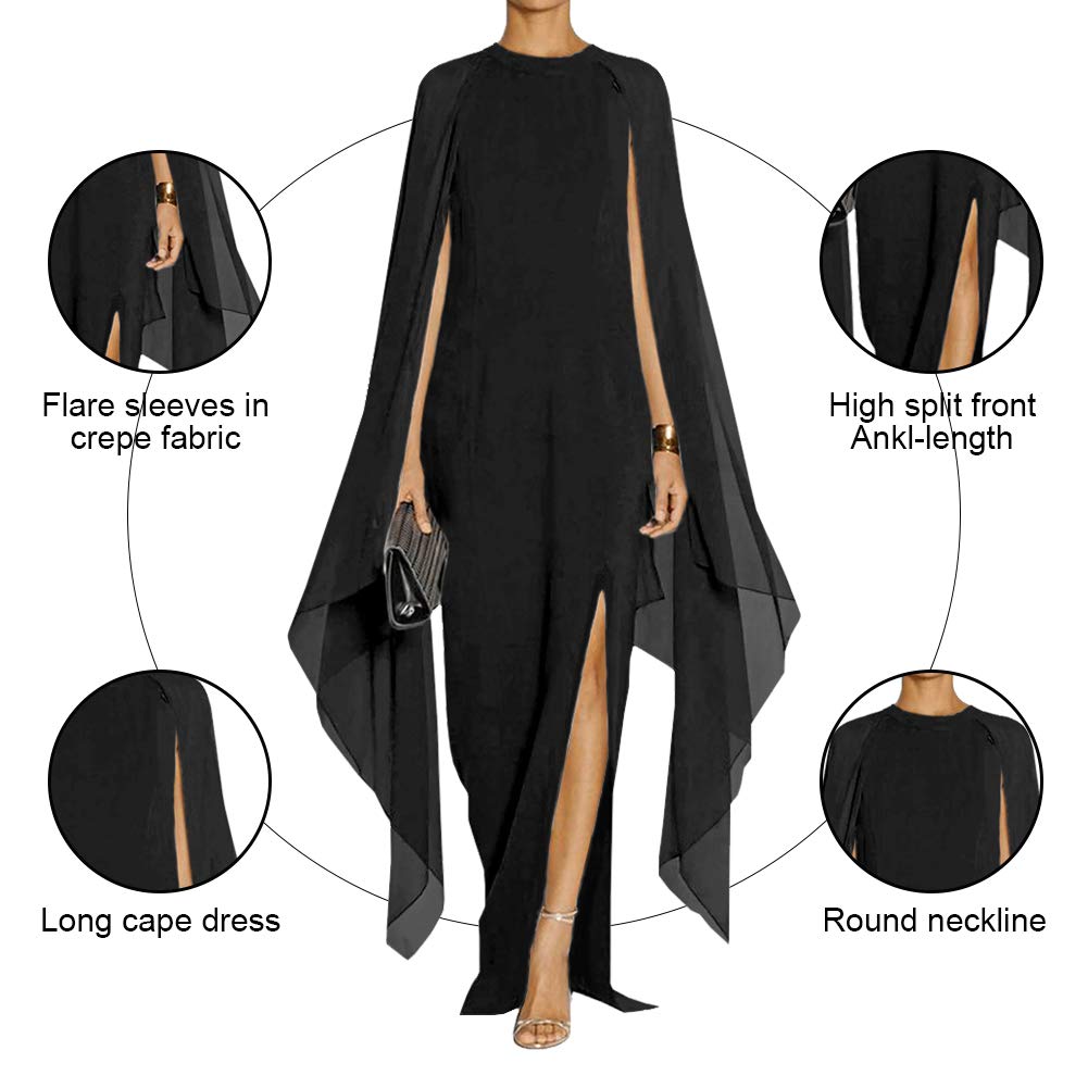 MAYFASEY Women's Flare Chiffon Sleeve High Split Formal Evening Gown Maxi Dress with Cape Black XL