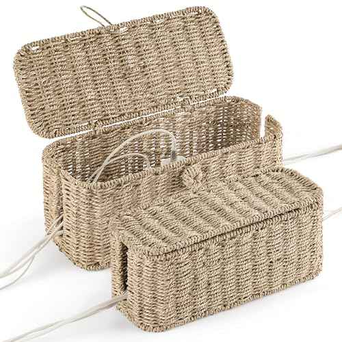 2-Pack Large Cable Management Box, Natural Rattan Cable Cord Organizer Boxes for Power Strip ? 2 Open Slots Cords Hider Box for TV Wires, Computer, Router, USB Hub and Under Desk Power Strip