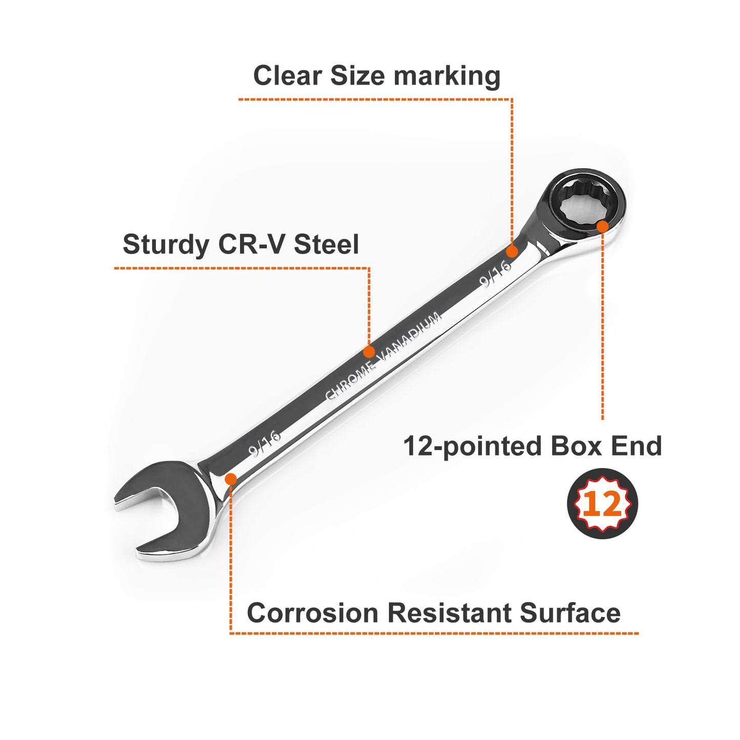 Egofine 9/16 inch Ratcheting Combination Wrench SAE, Industrial Grade Gear Spanner with 12-Point Design, 72-Tooth Ratchet, Chrome Vanadium Steel