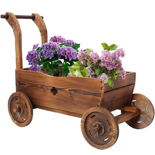 CWKISS Wooden Wagon Planter with Wheels, Rustic Fir Wood Flower Cart for Garden, Patio, Balcony & Indoor Decor, Drainage Holes, Easy Assembly, Brown