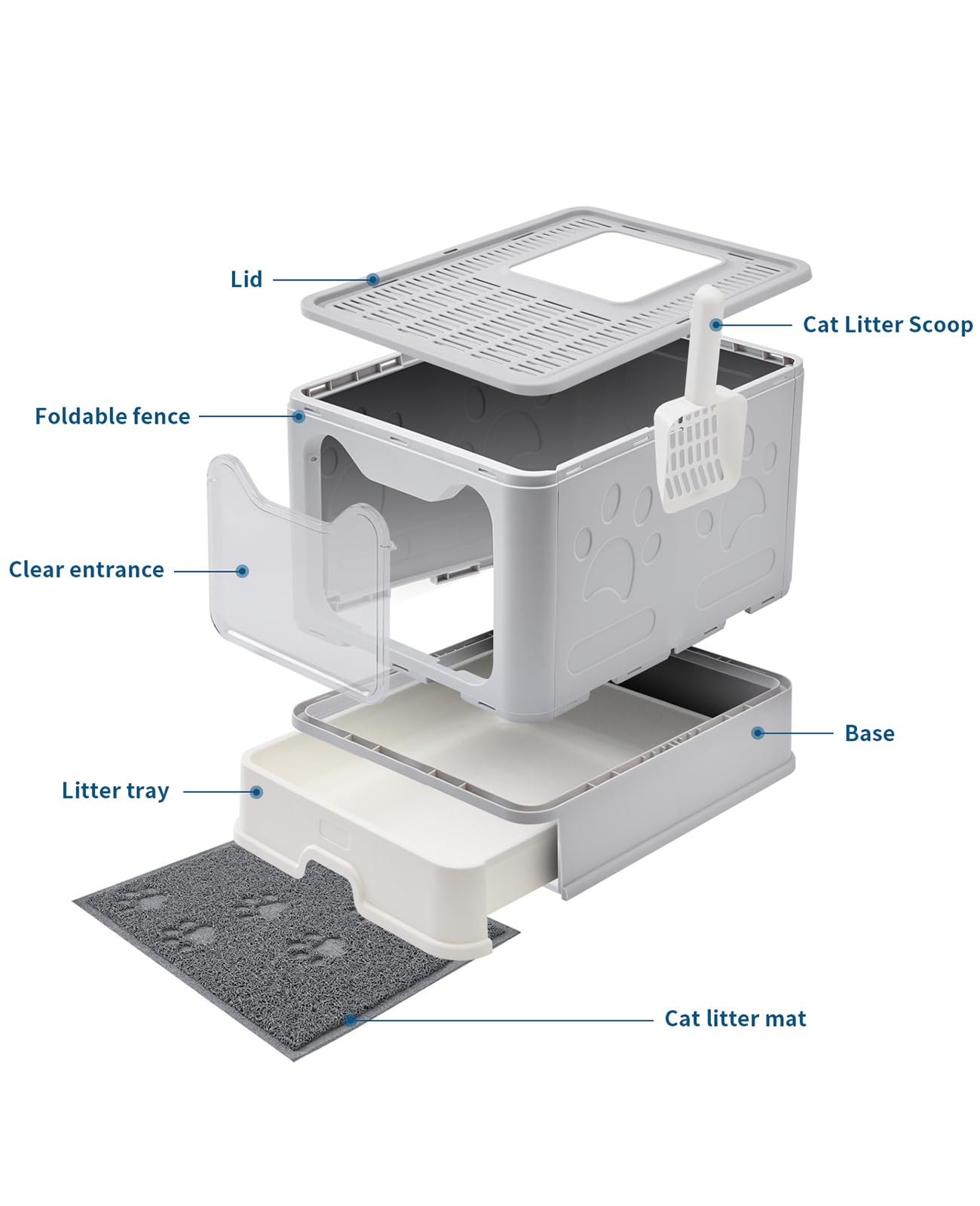 Medario Cat Litter Box with Litter Mat and Scoop, Large Foldable Litter Box with Lid, Front Entry Top Exit Kitty Box, Odor Control, Easy to Clean (Grey)