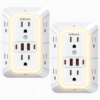 Wall Outlet Extender with Night Light, Power Plug Adapter 6 Outlet Extender with 4 USB Charging Ports 1050J Power Strip Multi Plug Adapter Spaced for Home Travel Office (2U2C)