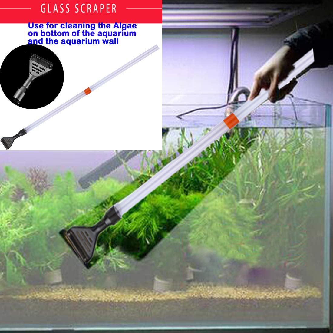 5 in1 Aquarium Gravel Cleaner Water Changer Glass Scraper Fish Tank Sand Wash Pump Kit with Air-Pressing Button and Adjustable Water Flow Controller Clamp for Fish Tank Gravel-Cleaning