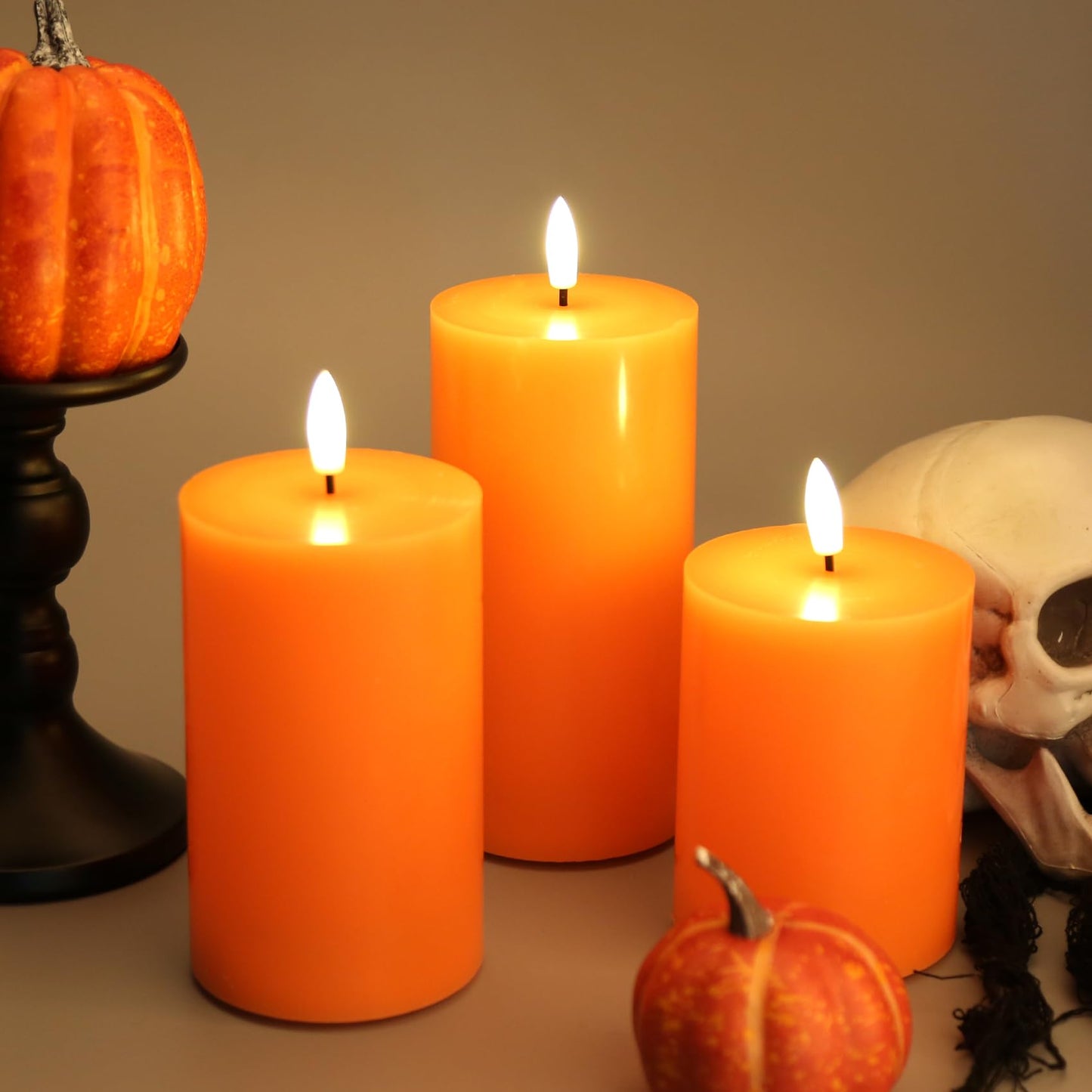 Eywamage Orange Fall Flameless Pillar Candles with Remote, Flickering Thanksgiving LED Wax Candles Battery Operated Set of 3