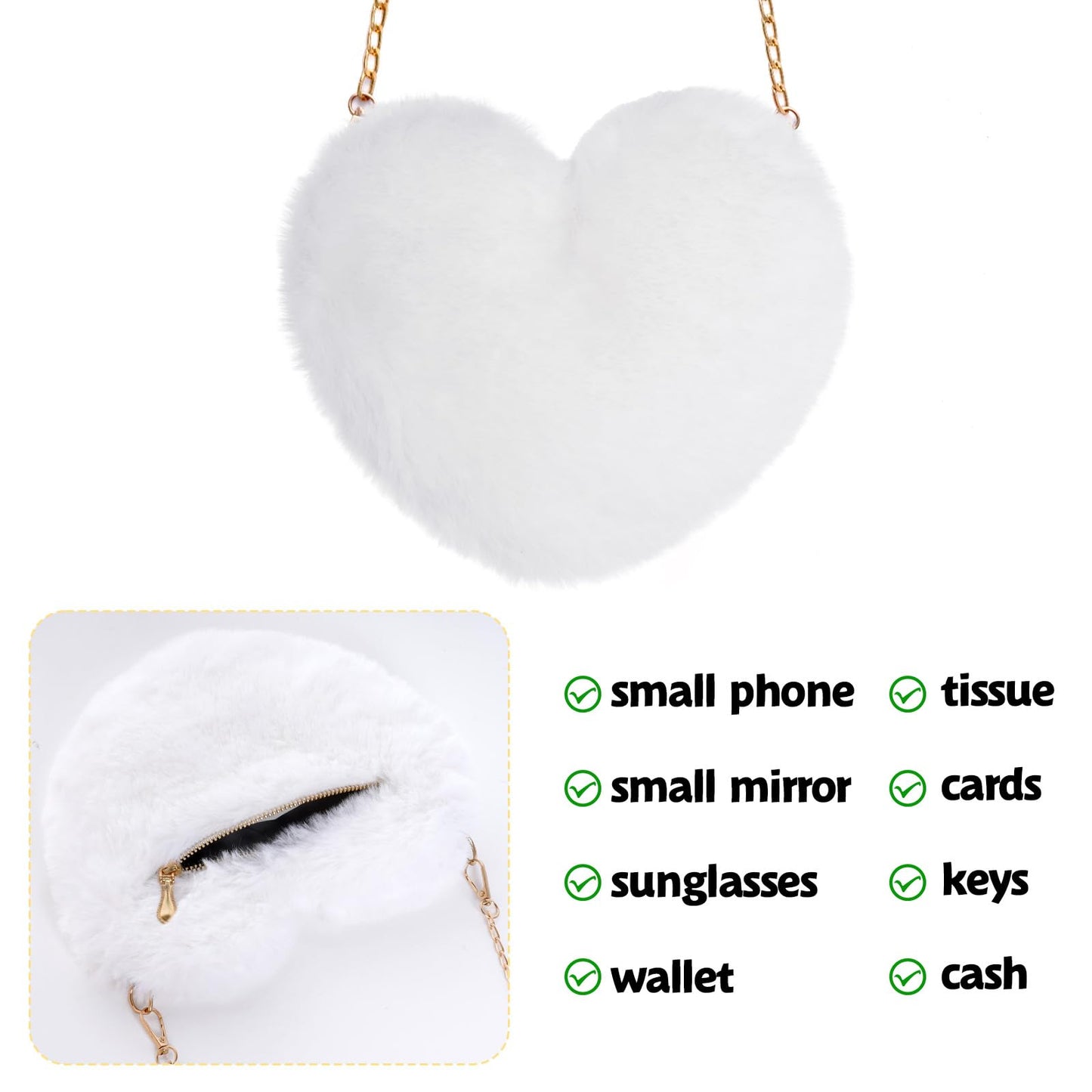 Miayon Heart Shaped Faux Fur Purse Fluffy Crossbody Shoulder Bag Cute Clutch Purses for Women Girls Halloween Christmas Valentine (White)