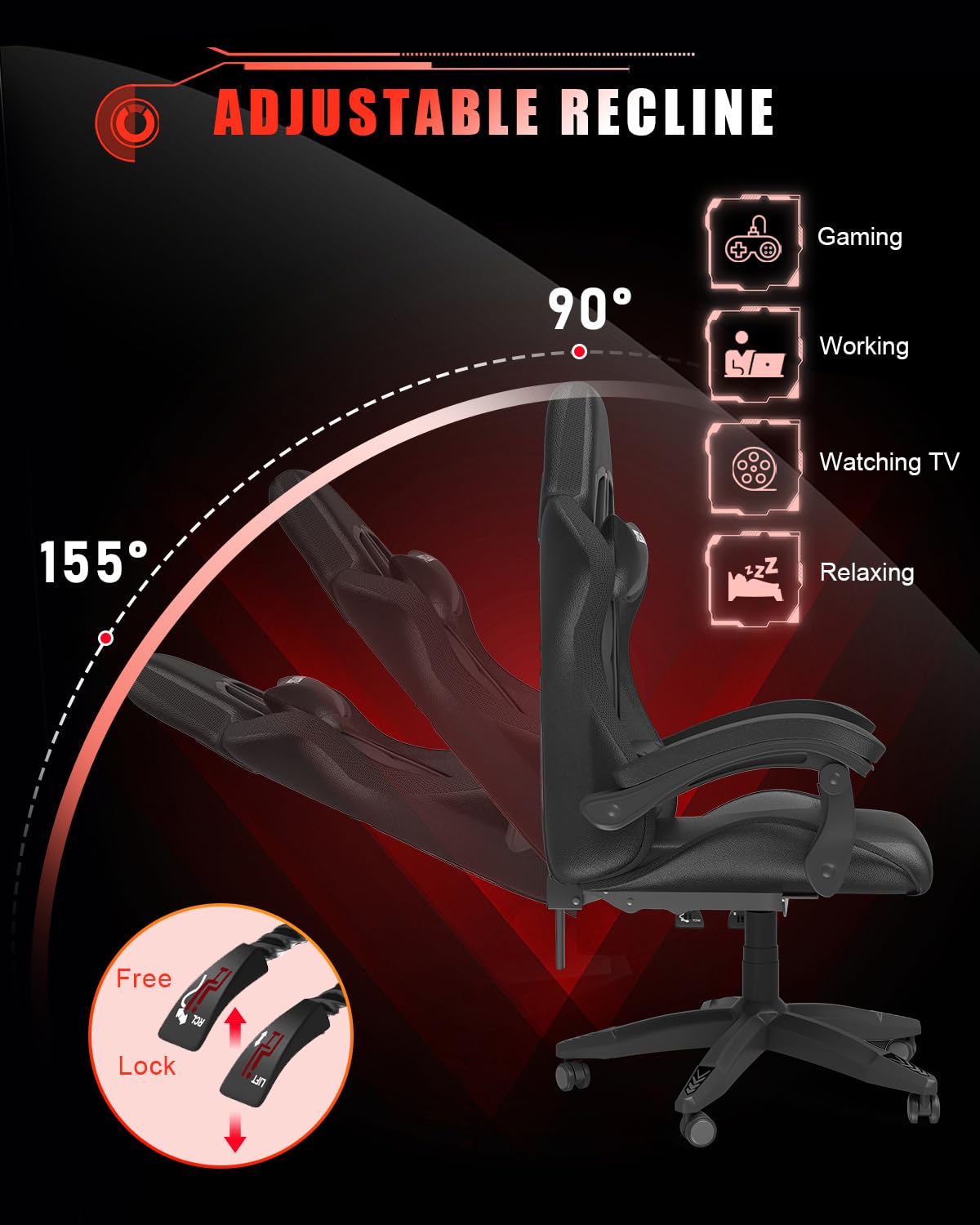 Bigzzia Gaming Chair with RGB LED Lights, High Back Ergonomic Computer Gamer Chair with Headrest and Lumbar Support, Racing Style Reclining Game Chair for Adults, Kids (Black)