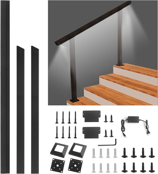 Outdoor Stair Railing Kit with LED Lighting - Aluminum Handrail for 3-4 Steps, Waterproof & Easy Install for Deck, Porch, Garden