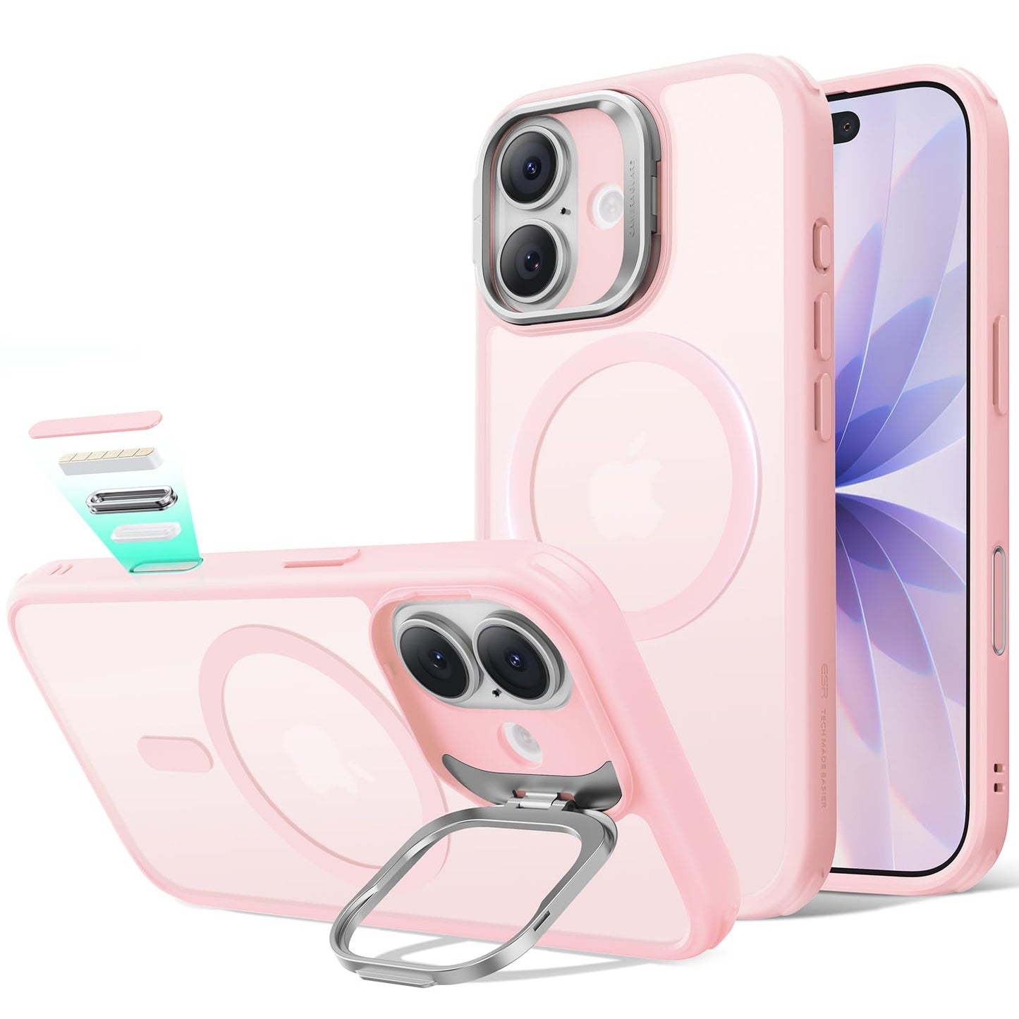 ESR Silicone Case for iPhone 17, Built-in Camera Stash Stand Compatible with MagSafe, Military-Grade Drop Protection Magnetic Phone Case for iPhone 17, Cloud Series, Rosy Pink