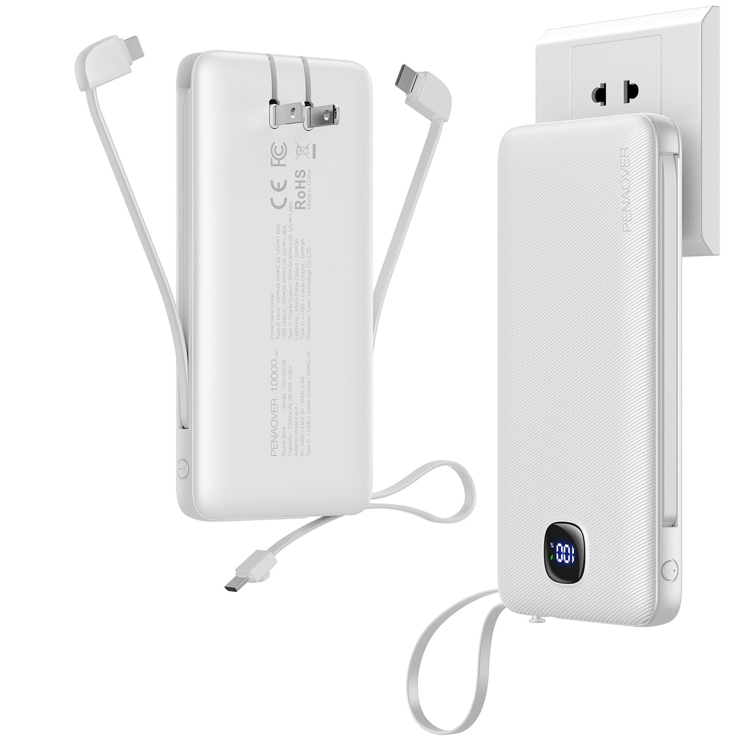 Portable Charger with Built-in Cables&AC Wall Plug,Slim 10000mAh 22.5W Fast Charging Power Bank,5 Output 2 Input USB-C External Battery Pack Compatible with iPhones,Samsung,Android, etc