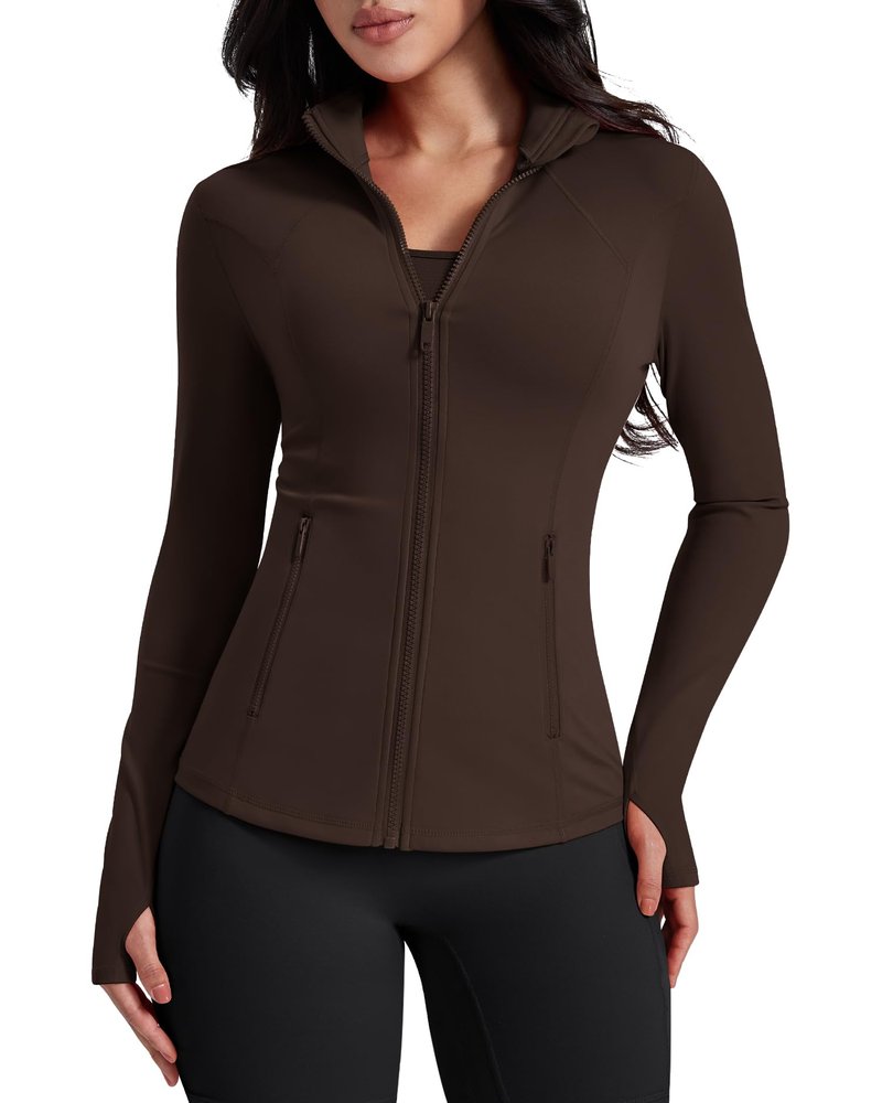 AVGO Womens Workout Jackets Lightweight Athletic Zip Up Jacket Slim Fit Running Gym Top with Pockets & Thumb Holes(Roasted Brown, L)