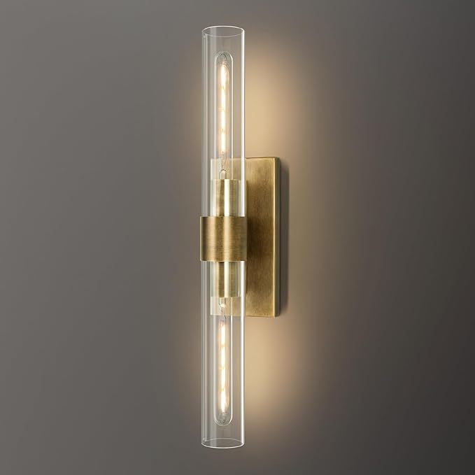 Wall Sconces, 22.8" Gold Bathroom Sconces Wall Lighting with Clear Glass, Modern Sconces Wall Decor Brass Light Fixtures for Bathroom Mirror Living Room Hallway Bedroom