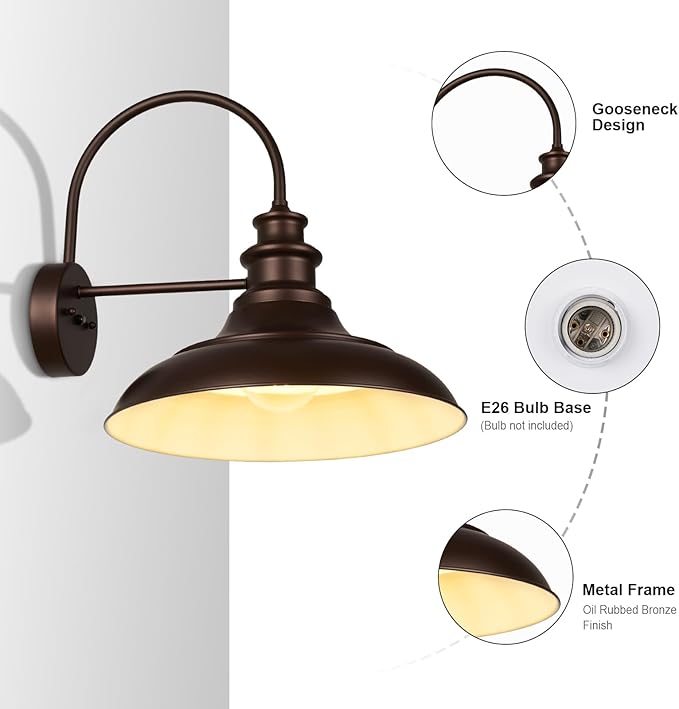 Dusk to Dawn Sensor Outdoor Barn Light Fixtures, 16 Inch Dome Farmhouse Outdoor Wall Sconces, Rustic Gooseneck Exterior Wall Mount Lights, Industrial Bronze White Wall Lanterns for Porch, 2 Pack
