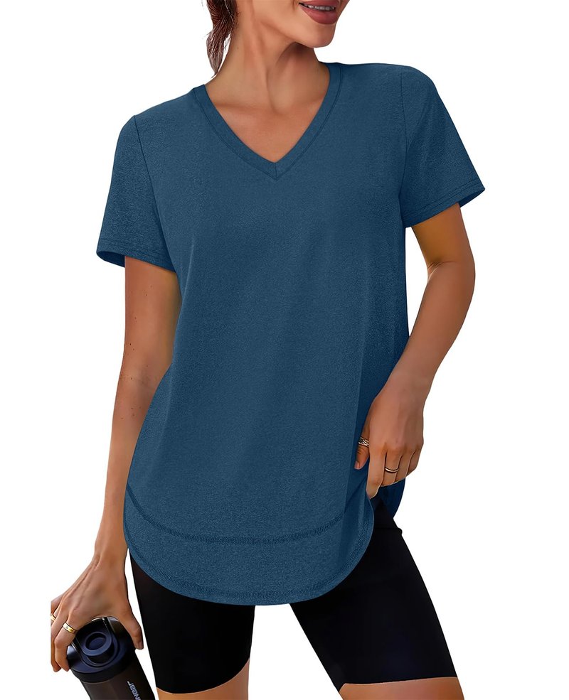 Short Sleeve Shirts for Women Workout Yoga Tops Sun Protection Clothing Summer Outfits Rash Guard Side Slit V Neck Navy Blue XL