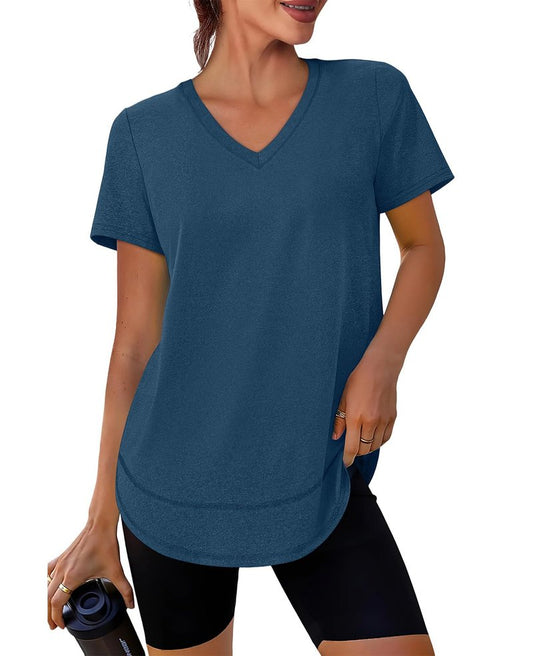 Short Sleeve Shirts for Women Workout Yoga Tops Sun Protection Clothing Summer Outfits Rash Guard Side Slit V Neck Navy Blue XL