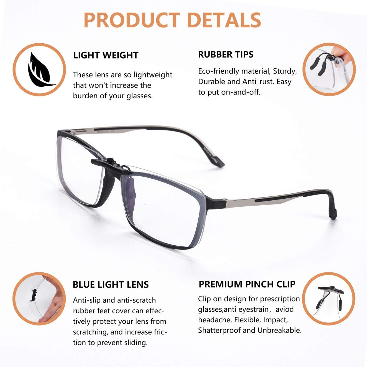 FONHCOO Clip on Blue Light Blocking Glasses Womens Mens Over Prescription Glasses Frameless Lens Anti Eyestrain Headaches UV Filter Computer Gamer Eyeglasses Transparent